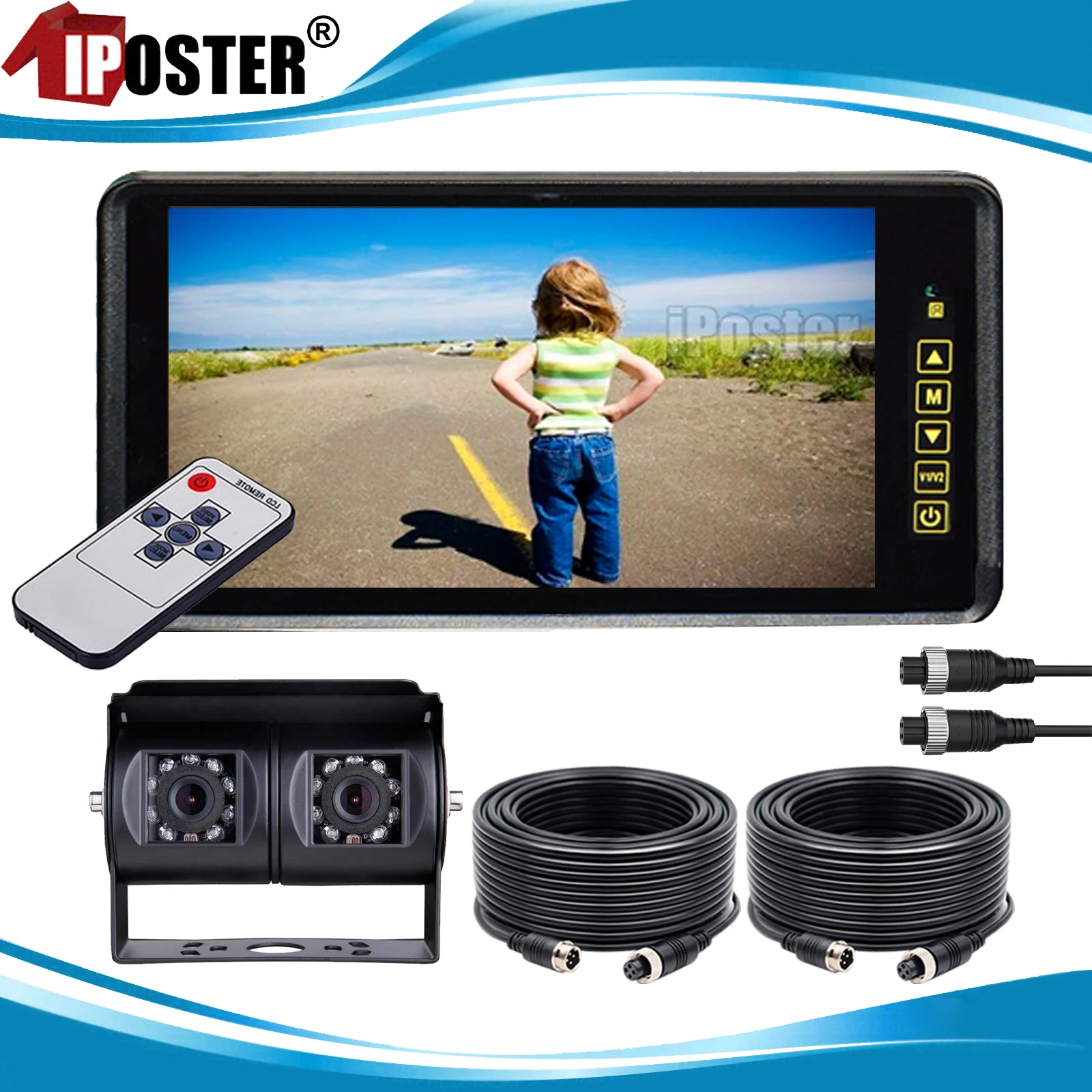 iPoster 9 Inch LCD Screen Rear View Mirror Monitor Clip+4PIN Heavy Duty Dual Head Joint Rear View Cameras 12-24v For Caravan Rv