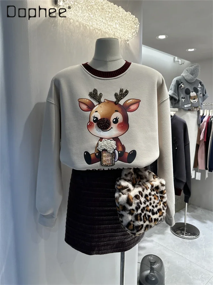 

Heavy Industry Rhinestones Deer Semi-turtleneck Fleece Sweatshirts Women Christmas Winter Design Sense Crew Neck Short Jacket