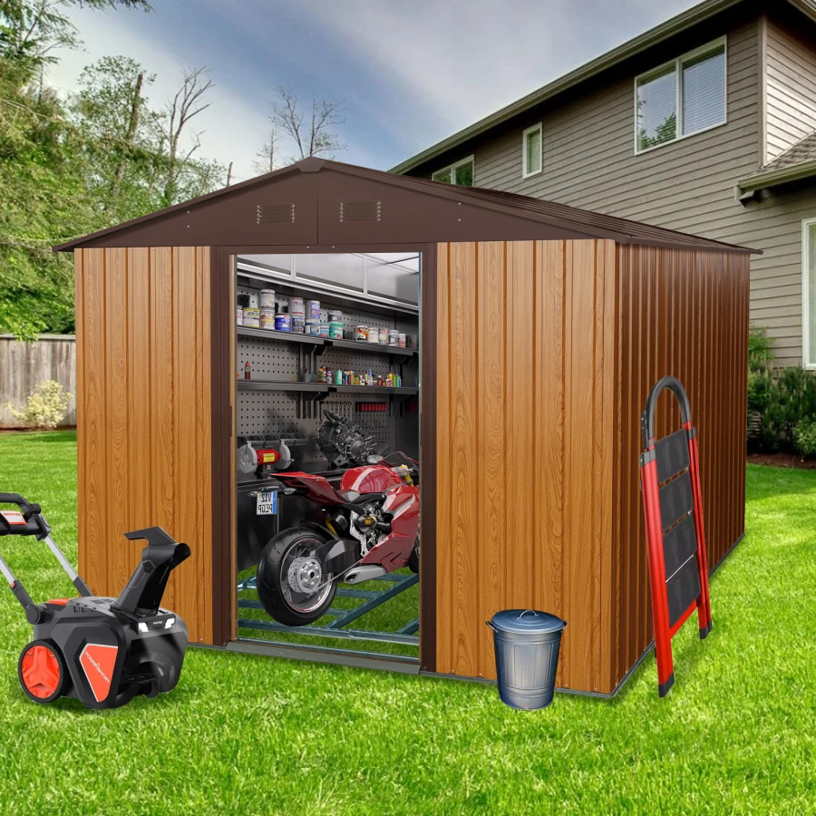 8ft x 10ft Outdoor Metal Storage Shed with Metal Foundation, Coffee For Garden, Backyard, Patio