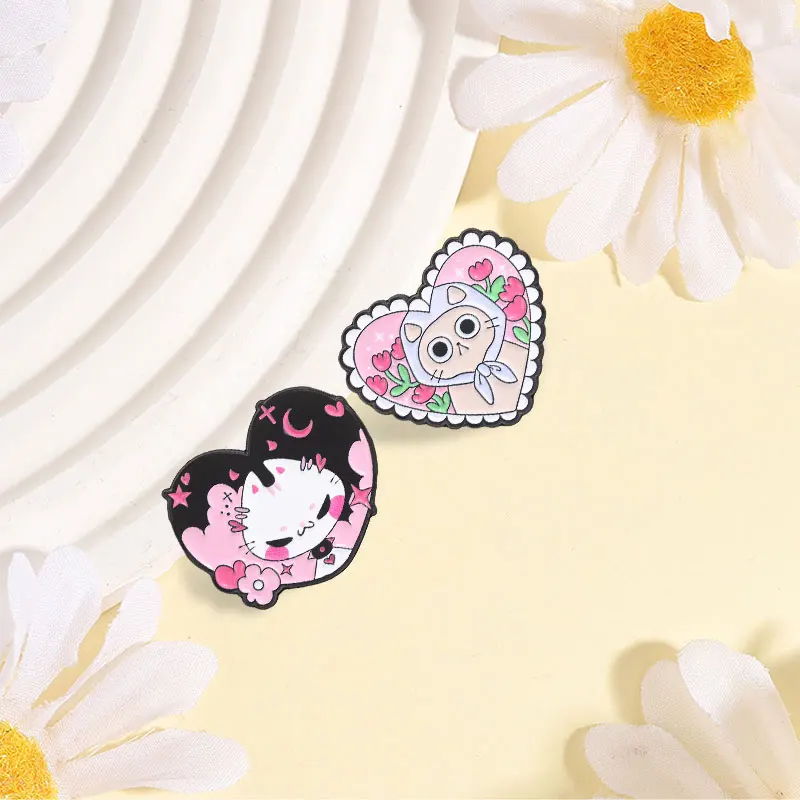 Pastel Tulip Floral Cat Heart Enamel Pin Angry Devil Cat Dark Star Moon Brooch for Best Friend Couples Bag Lapel Decoration Gift