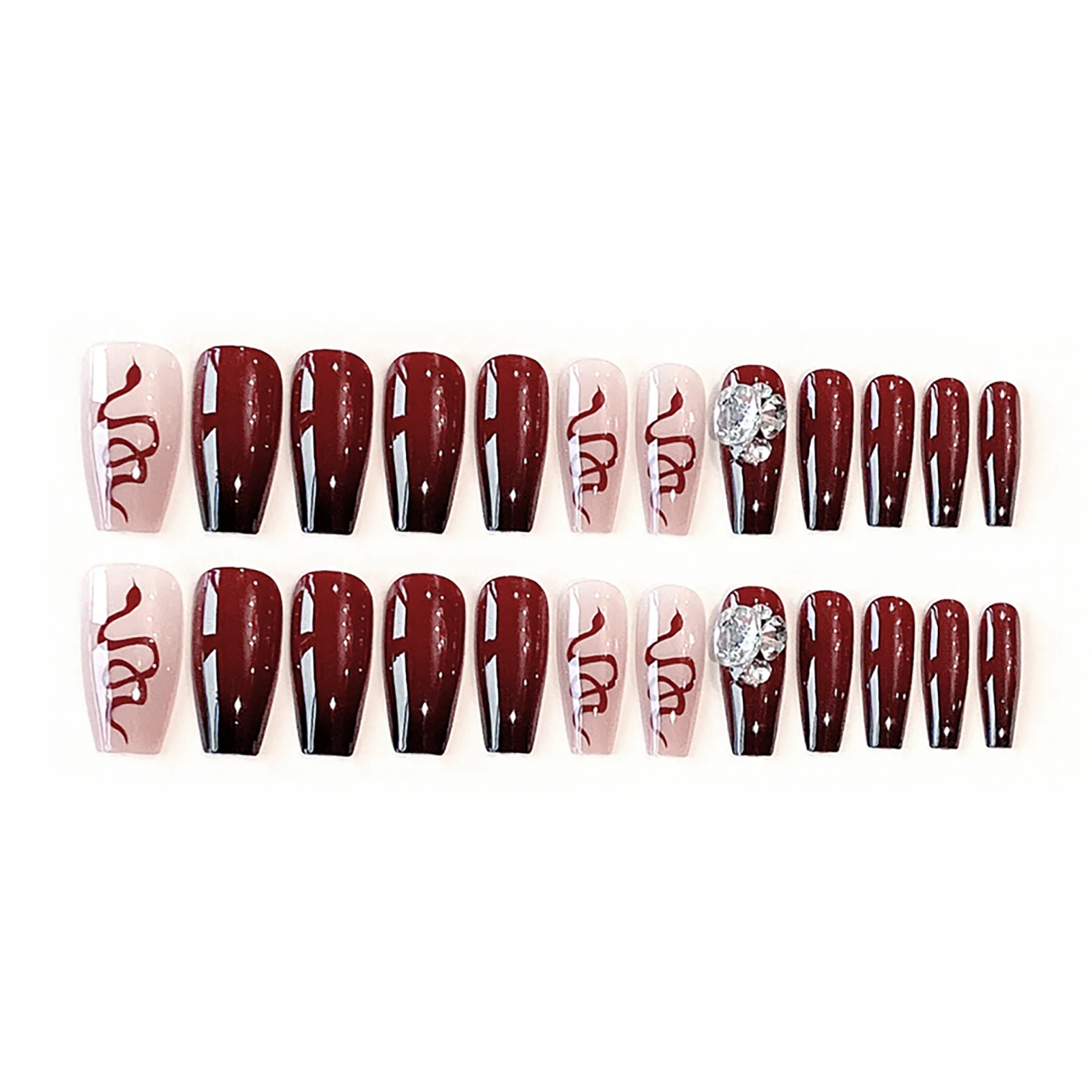 Wine Red Fake Nails with Large Rhinestone Decor Natural Unbreakable Nail Simple Wear for Shopping Traveling Dating