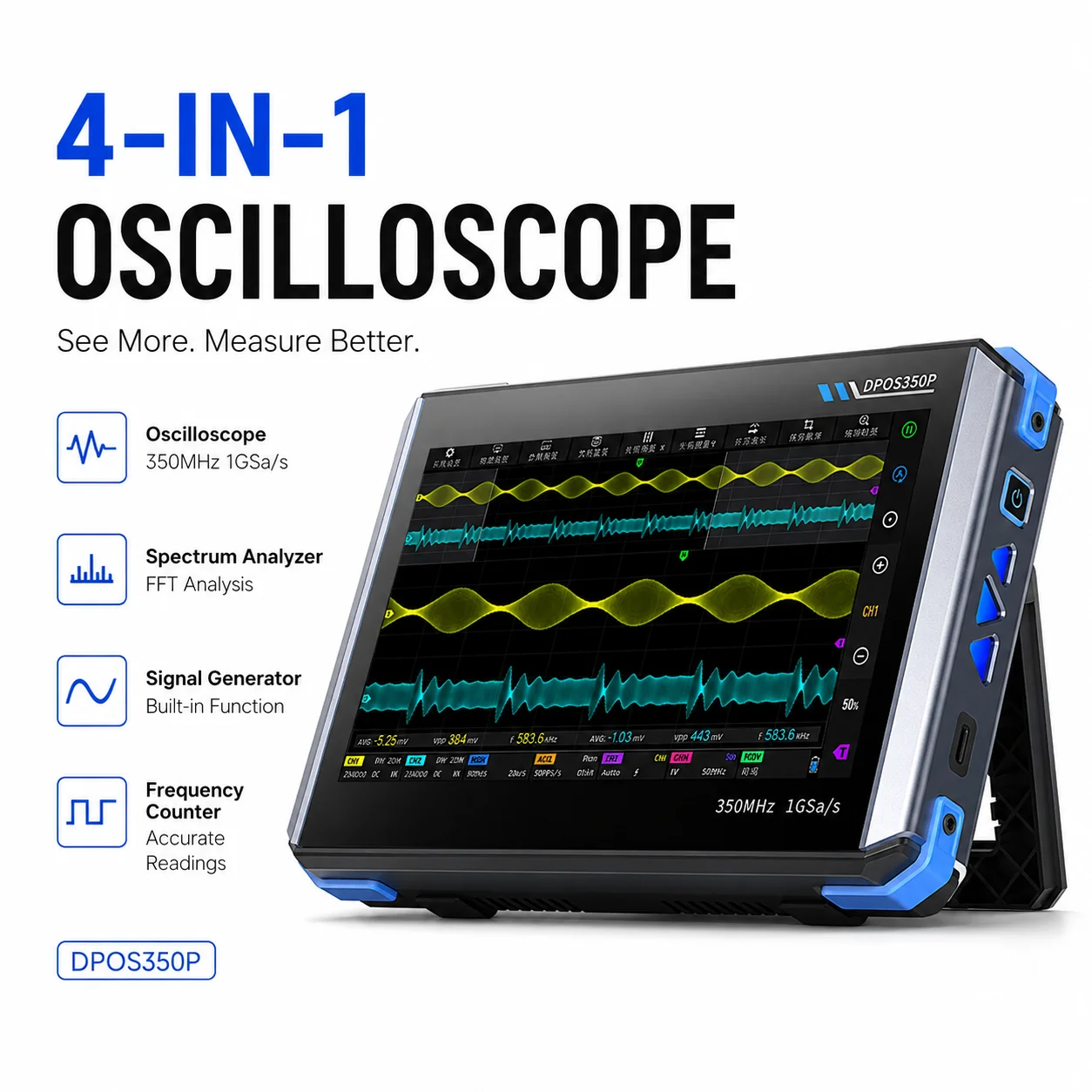 Osciloscópio Tablet FNIRSI DPOS350P 4-em-1 350MHz, Analisador de Espectro 200KHz - 350MHz, Analisador de Resposta de Frequência, Gerador DDS