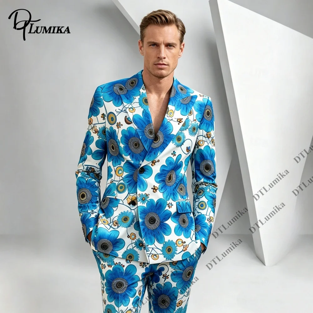 DTLumika XS-4XL Summer Beach Vacation Sunflower Printed 2 Piece Suit Regular Fit Jacket with Matching Trousers Men Trendy Outfit