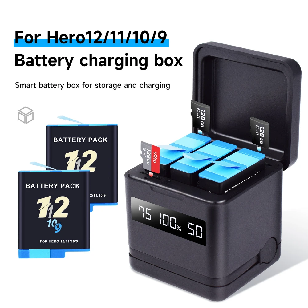 PALO 2000mAh Camera Battery for GoPro Hero 12 11 10 9 Battery 3 Ways Fast Charger Box TF Card Storage for GoPro Hero Accessories