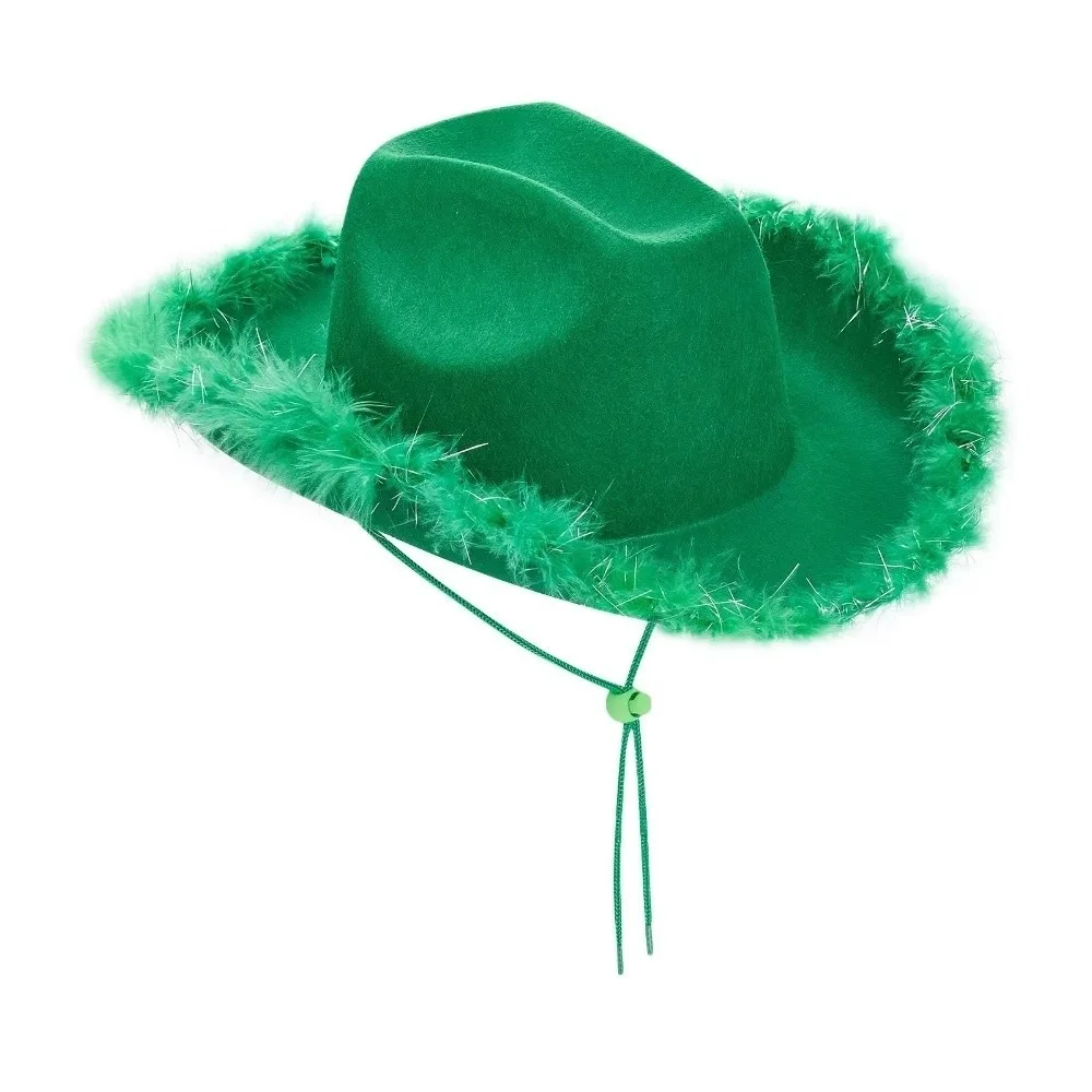 Casual Solid Color Western Cowboy Hat Furry Trim Ethnic Style Cowgirl Hat Cap Sunscreen Top Hat Disco Party