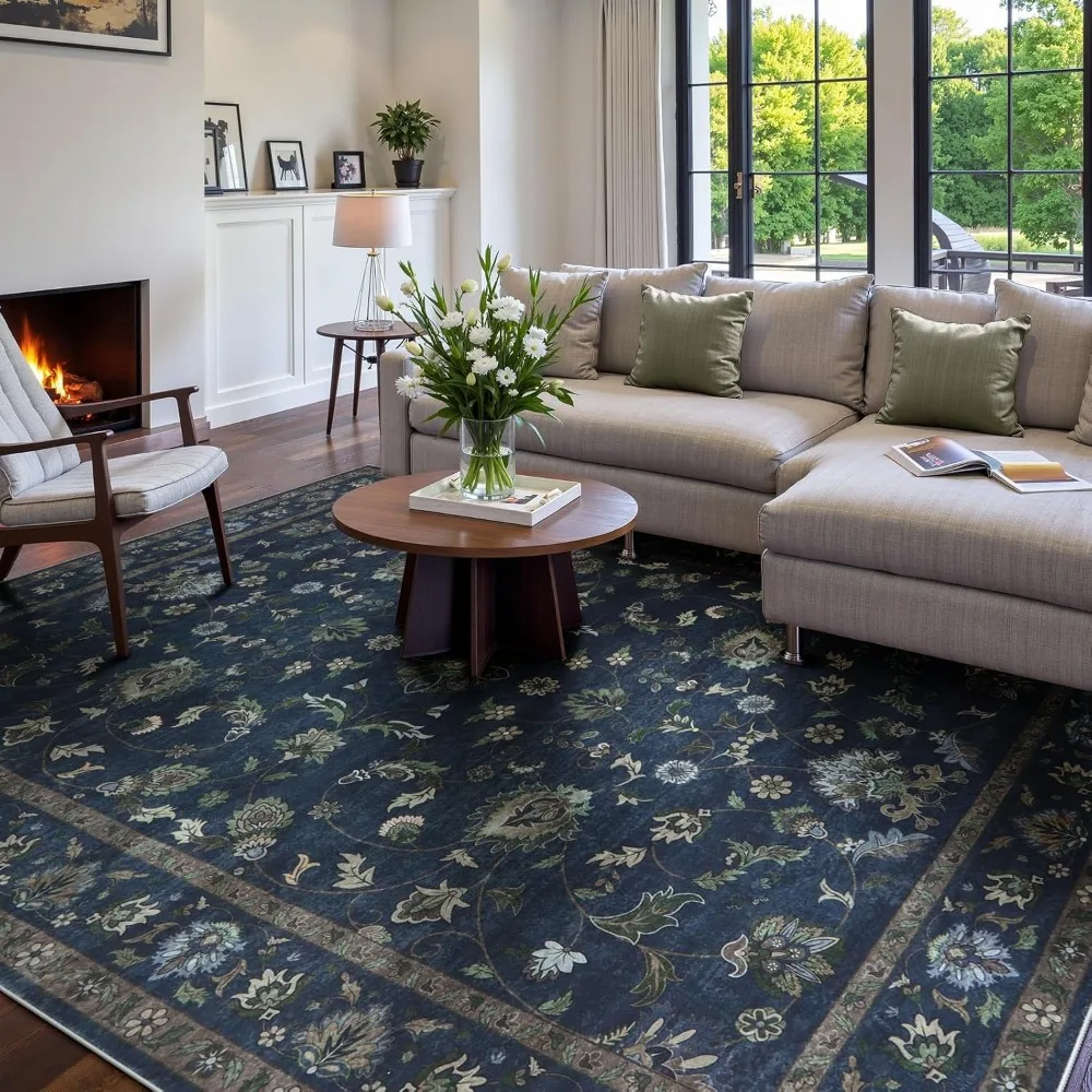 Vintage Floral Living Room Rugs, 8x10 Washable Area Rugs, Low Pile, Non-Shedding, Stain-Resistant for Bedrooms