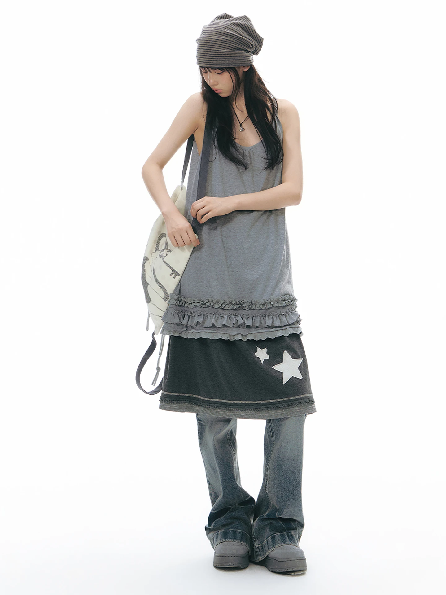 NAPSNAPS Original Star Pattern Knitted Half Skirt Women's Summer New Design Elastic Waist Grey Midi Skirt Ladies A-Line Skirt