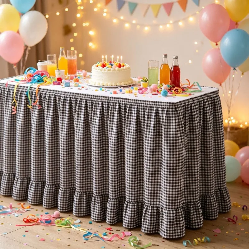 Pleated Ruffled Plaid Table Skirt Decorative Table Cover Magic Tape Design for Wedding Party Classroom Podium Home Storage