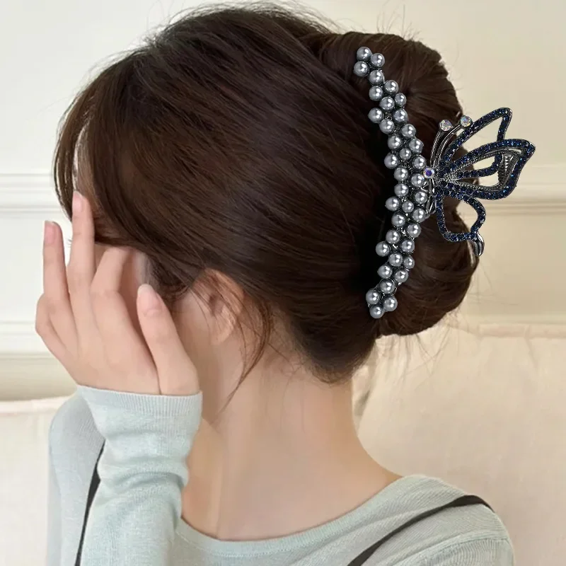 مشبك شعر لؤلؤي كامل على شكل زهرة، مشبك فراشة كريستالي عصري، مشبك سمك القرش المخصص الراقية، مقاس كبير