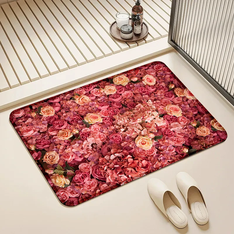 

Magenta Rose Flower Doormat Non-Slip Floor Mat Home Entrance Door Rug Elegant Decor Bedroom Bathroom