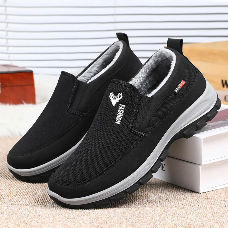 Men Tennis Shoes Warm Breathable Soft Bottom Non -Slip Casual Shoes Plus Velvet Comfort Slip-On Walking Winter Vulcanized Shoes