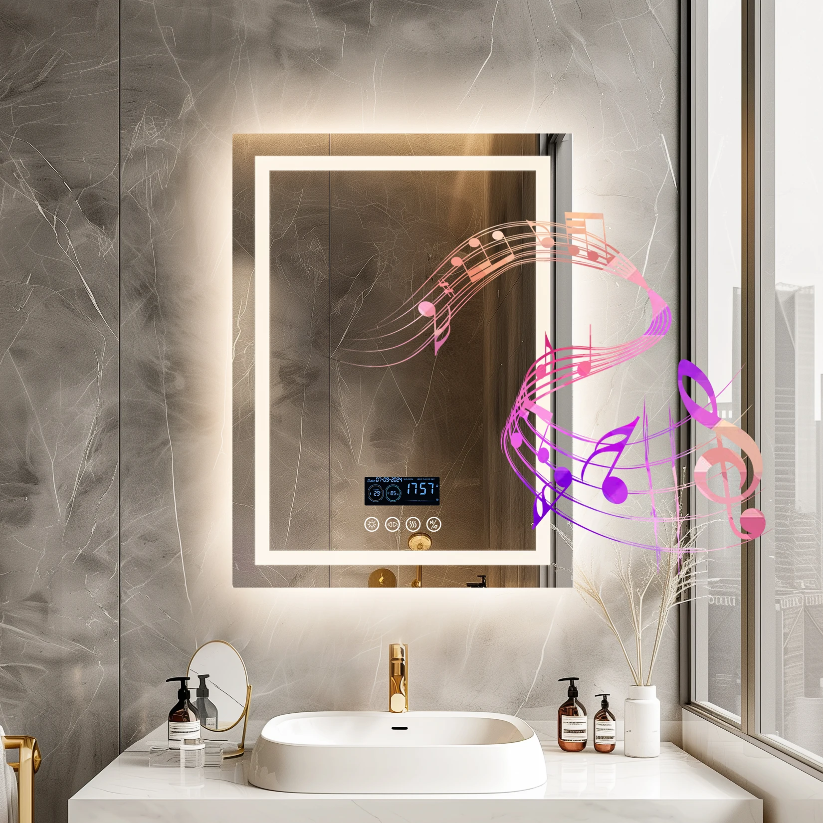 Wisfor 28x36 Lighted Bathroom Mirror with Bluetooth Speaker Smart LED Vanity Makeup Wall Mounted Mirrors 3 Lights Anti-Fog Touch