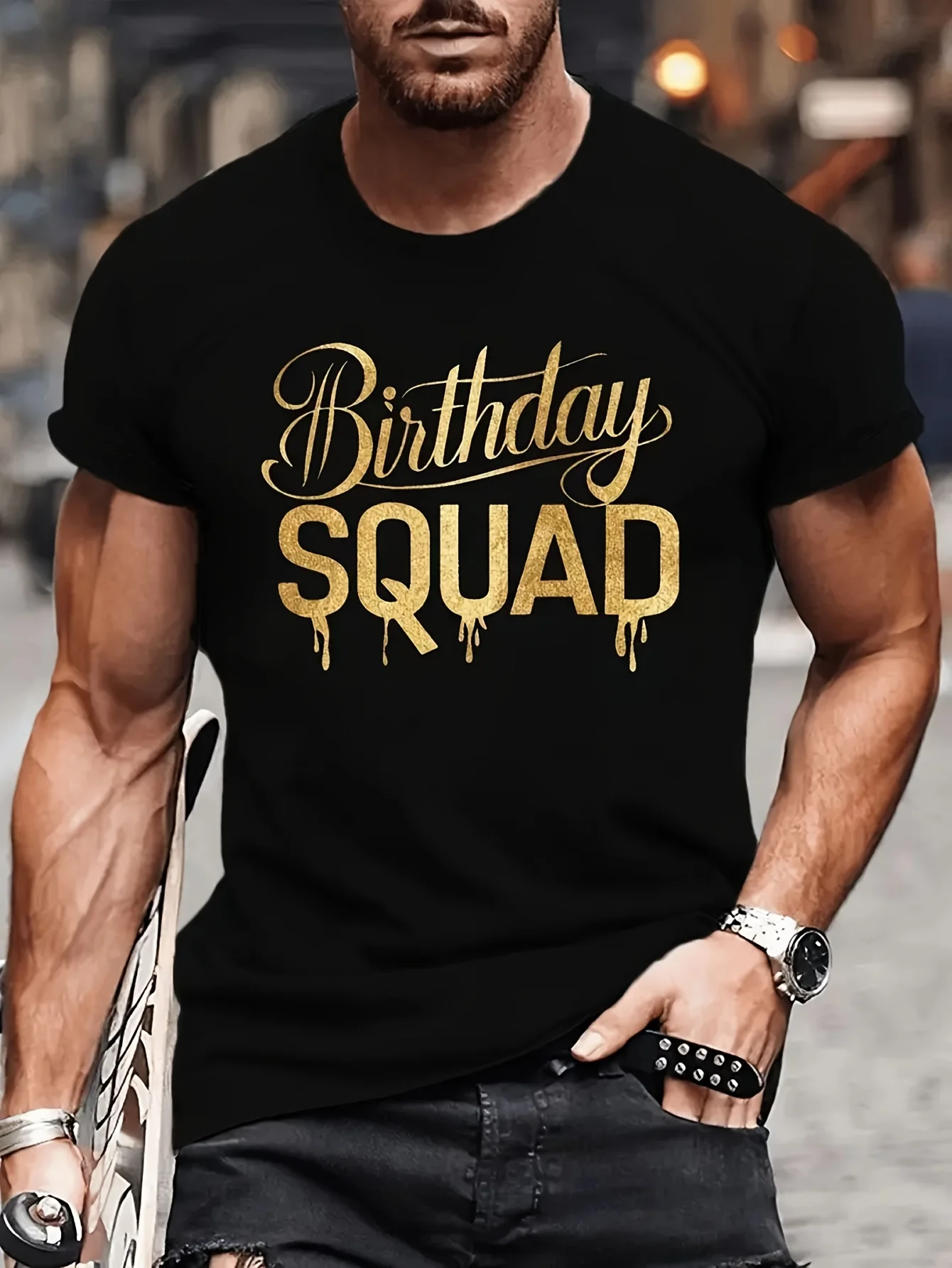 Men's Birthday Squad T-Shirt - Lightweight Crew Neck T-Shirt with Gold Lettering and Fun Birthday Party Decorations, Suitable for Adults, Birthday Squad Themed Party Decoration - Men's All-Season Casual Shirt, Holiday Outfit, Playful Design, Comfortable Fit, Short-Sleeved Top, Adult Clothing