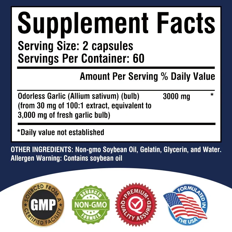 Garlic Supplement - Balances Cholesterol, Good for Heart Health, for Immune and Cardiovascular, Cholesterol Health