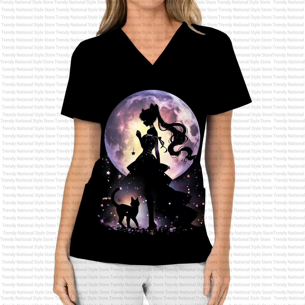 Nuovo abito chirurgico medico da donna, stampa di cartoni animati casual ed elegante, top smerigliato con tasca con scollo a V stile dentista, regalo di Natale