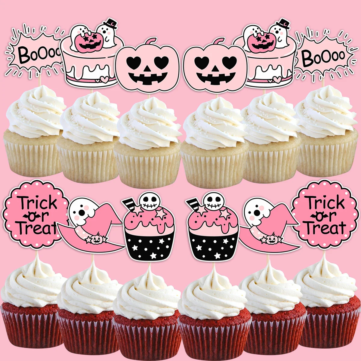 18Pcs Pink Pumpkin Ghost Cupcake Topper Cute Halloween Cake Toppers for Trick Or Treat Party Decoration Home DIY Party Supplies