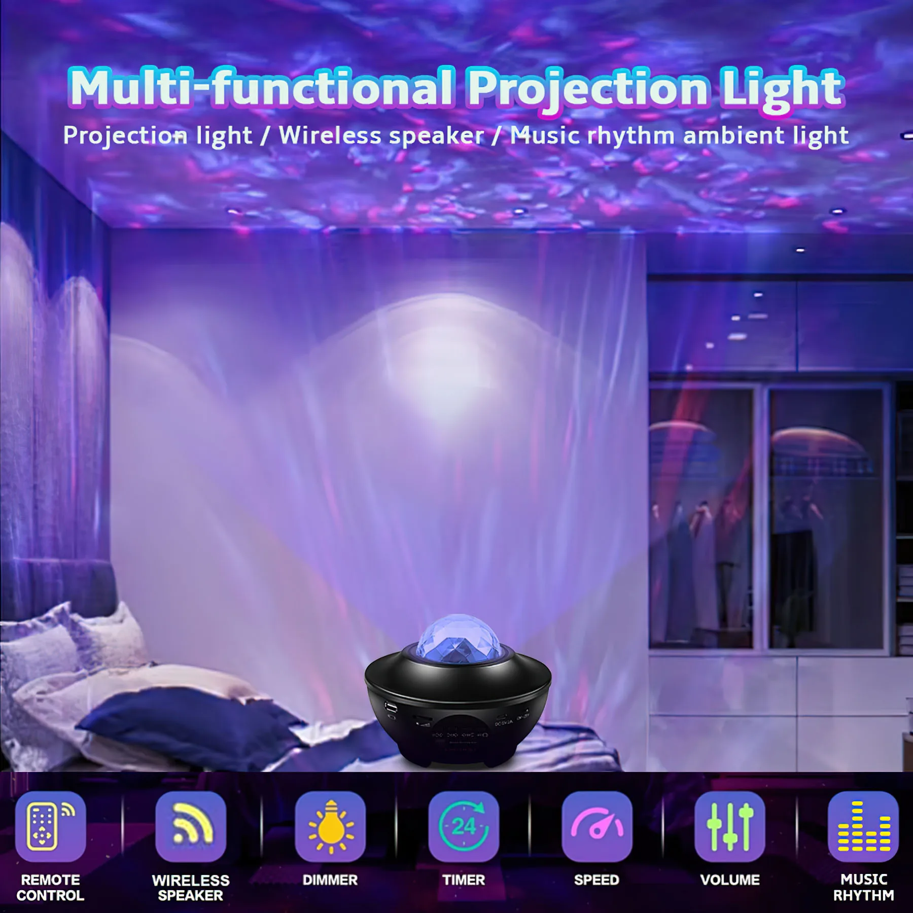 โปรเจคเตอร์กาแล็กซี่สำหรับห้องนอน, โปรเจคเตอร์แสง โปรเจคเตอร์ดาว กาแล็กซี่ไลท์พร้อมลำโพงบลูทูธ, ตัวจับเวลา, APP และรีโมทคอนโทรล
