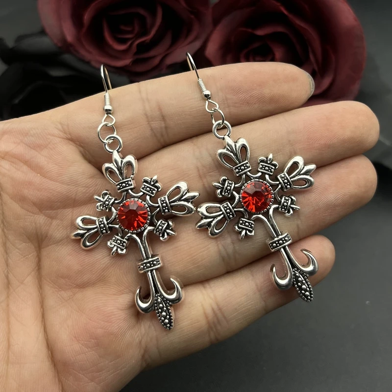 Ornate Gothic Cross Earrings Hip Hop Rock Cross Red Oil Drip Crystal Earrings Aesthetic Accessories Jewelry Gift