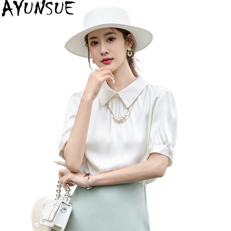 

AYUNSUE 100% Real Mulberry Silk T Shirts for Woman Elegant 2024 Casual Tops Summer Women Clothing Essentials White Top Camisetas