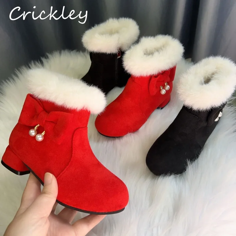 

Princess Cuet Bow Girls Fashion Boots Winter Solid PU Faux Fur Children Boots Warm Plush Zip Low Heeled Kids Ankle Shoes