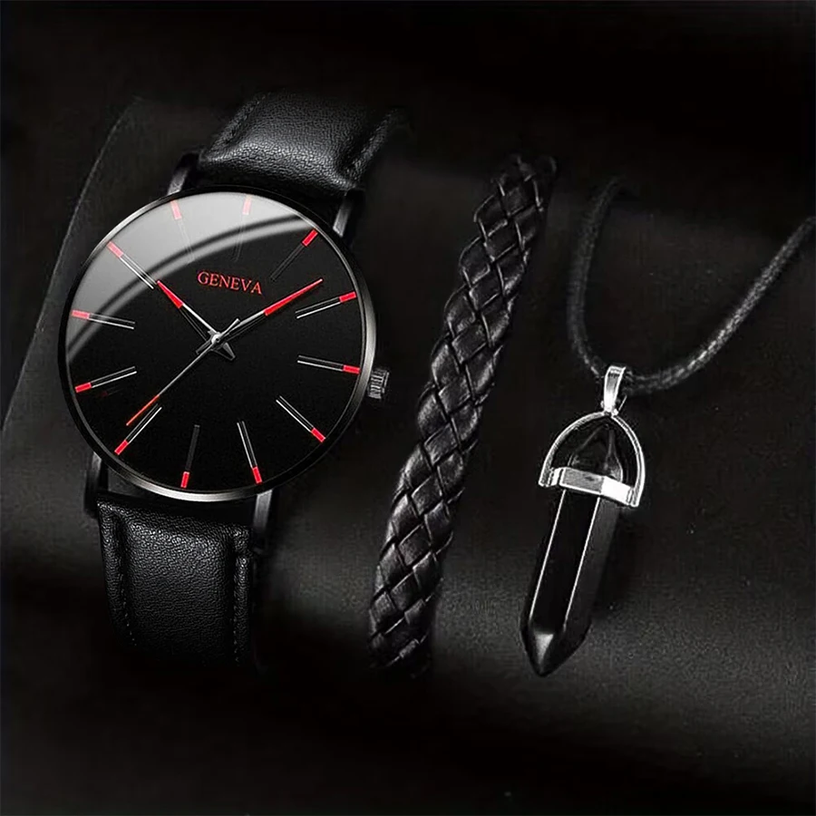 3PCS/Set Fashion Men's Watch Casual Leather Band Quartz Wristwatch Men Business Watches Bracelet Necklace Set