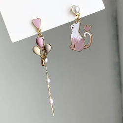 Boucles d'oreilles en forme d'animal mignon pour femme, bijoux asymétriques avec des perles de chaton, cadeau de mariage