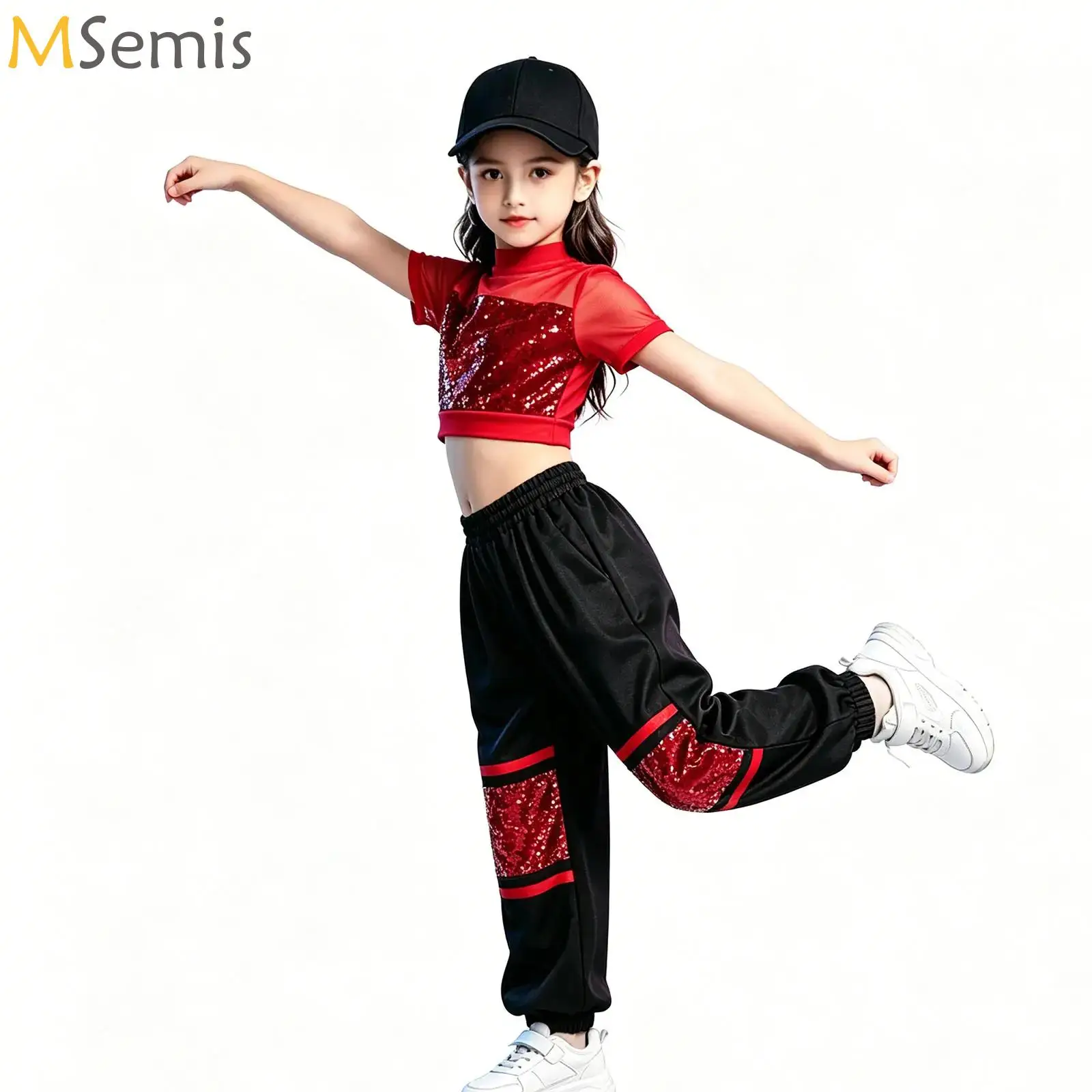 

Kids Girls Hip-Hop Jazz Dance Competition Costume Cheer Street Modern Dance Outfits Sparkly Sequins Crop Top with Metallic Pants