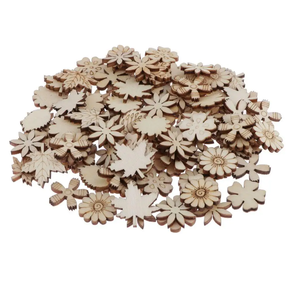 100Pcs Flower and Leaf Shapes Blank Embellishments Wood Birds Slices for Wedding, Valentine, DIY, Arts, Crafts, Card Making