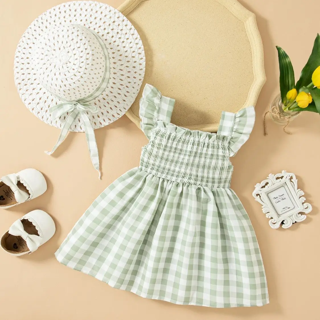 Summer Baby Girl Dress Green Checkered Fly Sleeve Dress with Hat Girls Casual Outing Clothing