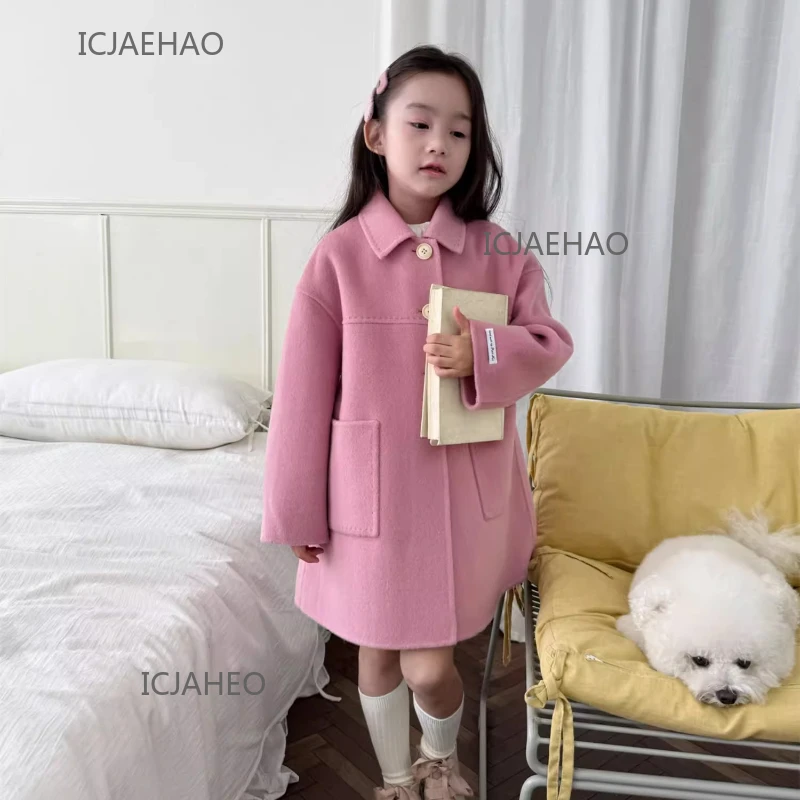 Teen Girl Clothes Children Wool Double Faced Girls Peach Pink Coat Costume Handmade Cute Matching Winter Kids Outerwear Clothes