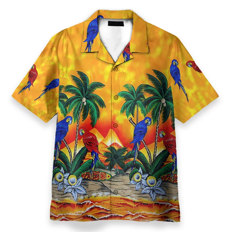Mens Hawaiian Beach Holiday Casual Shirts Summer Fashion Short Sleeve Parrot Print Loose Streetwear Funny Floral Harajuku Shirt