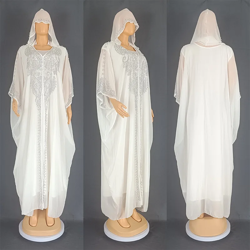 Beading Chiffon Maxi Dress Caftan Abaya Dubai Luxury Muslim Women Clothing Hijabs Femme Plus Size Hooded Long Dresses African