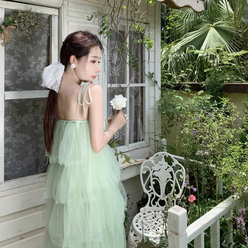 French Fairy Mint Green Mesh Layer Cake Dress Women Summer Romantic Straps Long Dress Sweet Vintage Sleeveless Ruffles Vestidos