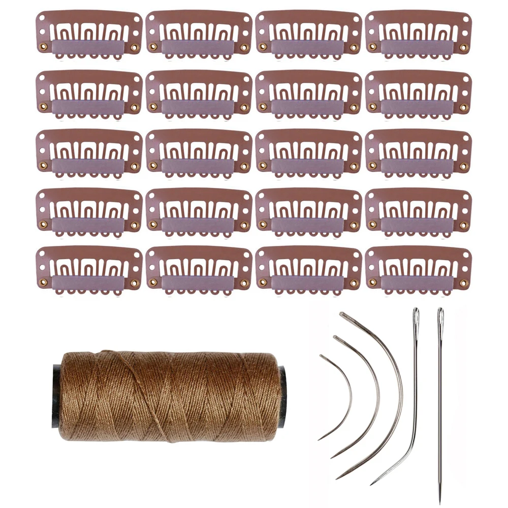 U Shape Wigs Clip In Hair Extension Wig Clip, Hair Weaving Threads 1 Rolls and 5 C J Shape Curved Needle I Needle,26pcs/set