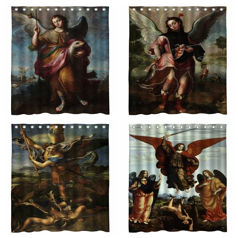 Renaissance Art Three Archangel Saint Michael Vanquishing Satan Lucifer Shower Curtain With Hooks By Ho Me Lili Bathroom Decor