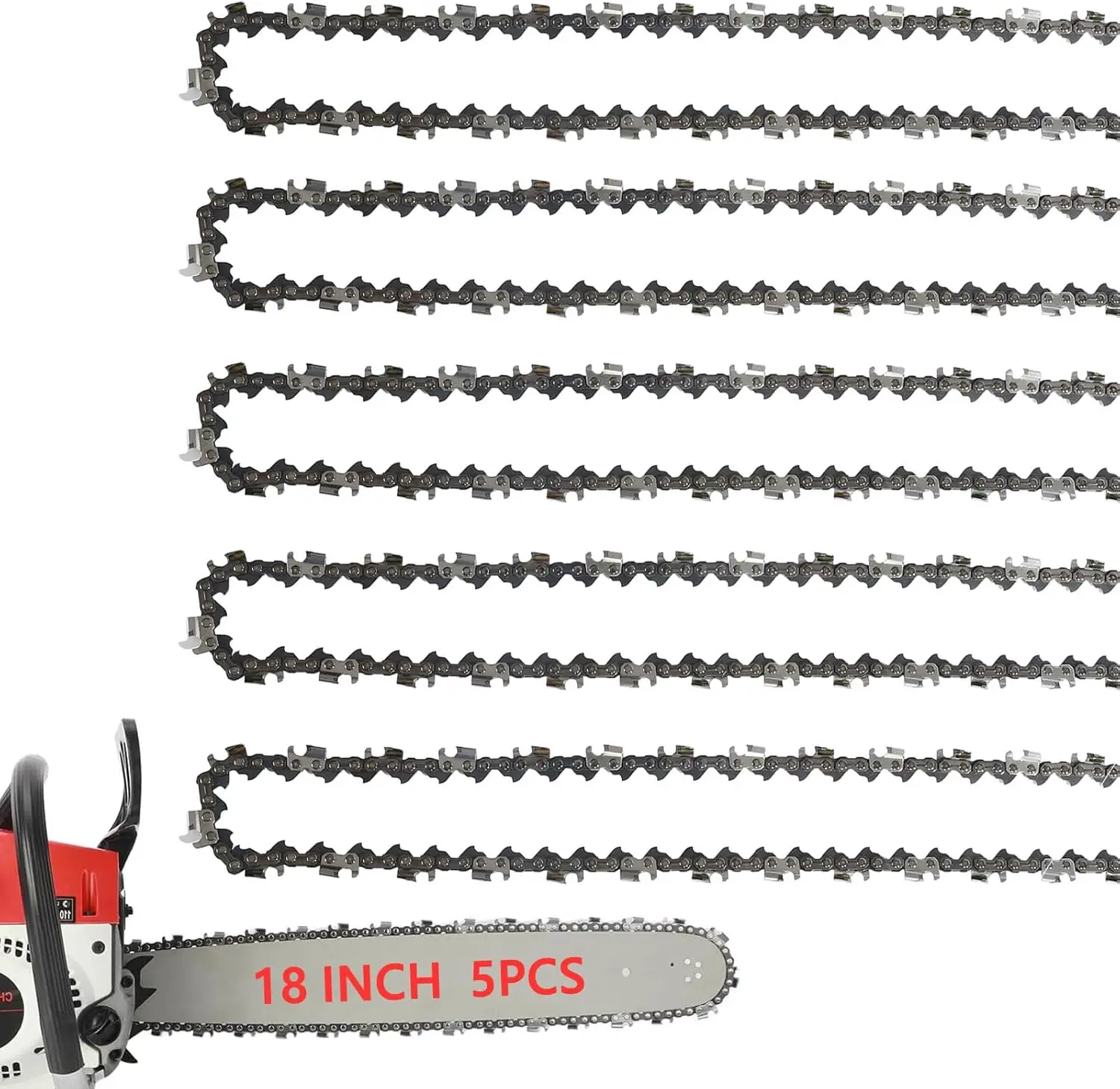 

Набор из 5 цепей для бензопилы, 18 дюймов, шаг 3/8 дюйма LP, толщина .050 дюйма, 62 приводных звена, совместим с различными пилами