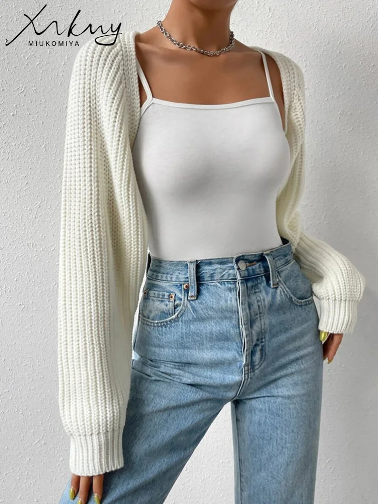 MiuKoMiYa Ultra-Short White Knitwears Cardigan For Women Short Knitted Jackets Loose Sweaters Crop Tops Solid Sexy Cardigans