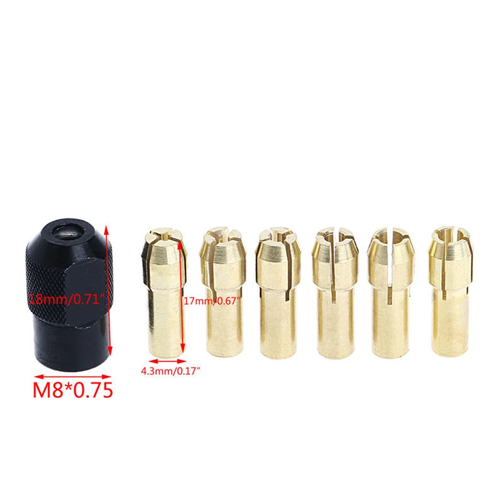 7 sztuk Mini uchwyt wiertarski akcesoria do narzędzi obrotowych M8X0.75mm nakrętka uchwytu z mosiężną tuleją zaciskową 1.0/1.6/2.0/2.4/3.0/3.2 do szlifierki elektrycznej