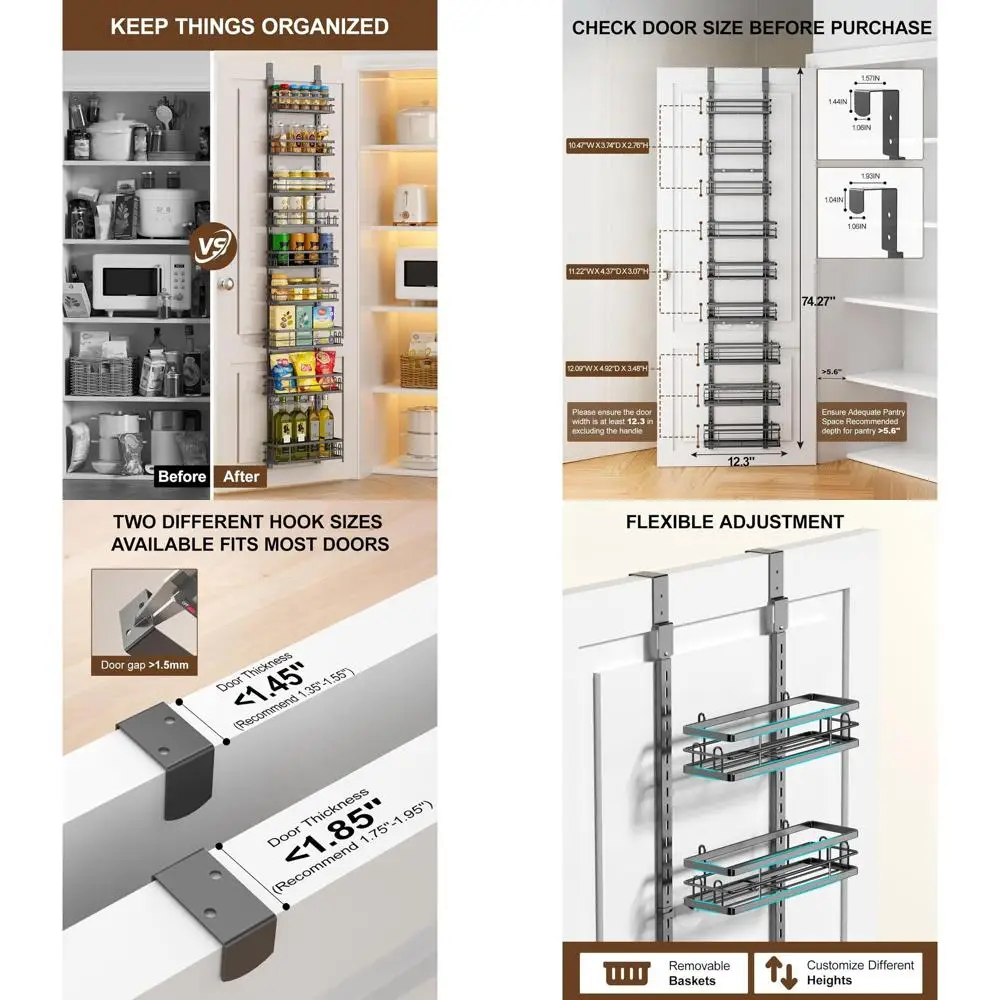 

Органайзер для кладовой Delamu, 9-ярусный, на дверь, регулируемый, металлическая подвесная корзина для хранения, настенная полка для специй