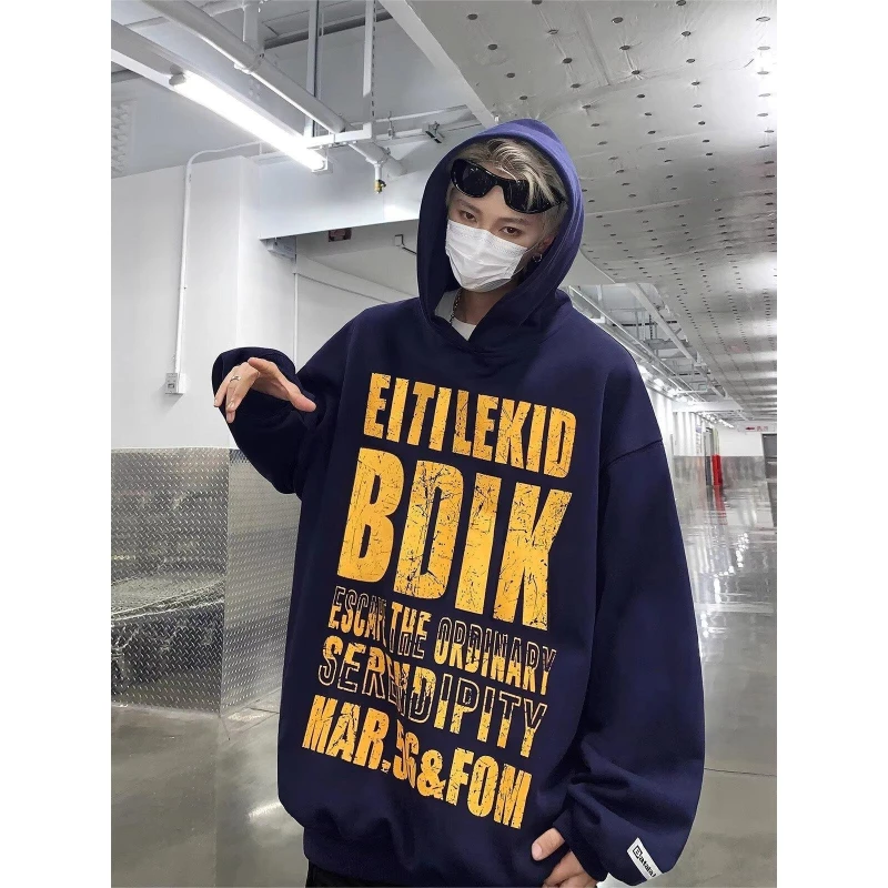 Navy Heavy Weight Sweater Men's American Retro High Street Hip-hop Couple Coat Oversize China-Chic Top