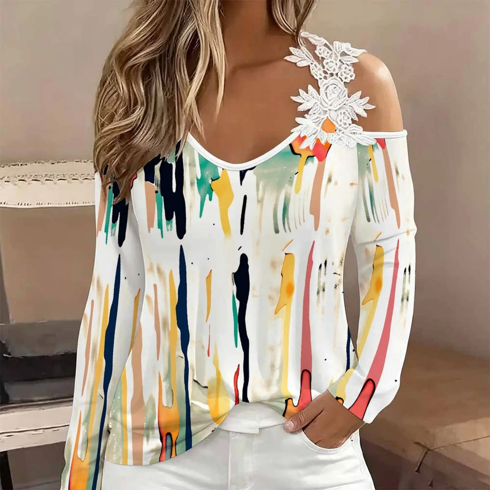 Autumn Winter Women's Trendy Top V-Neck Long-sleeved Fashion Off-the-shoulder T-shirt Printed Tee Retro Elegant Clothing