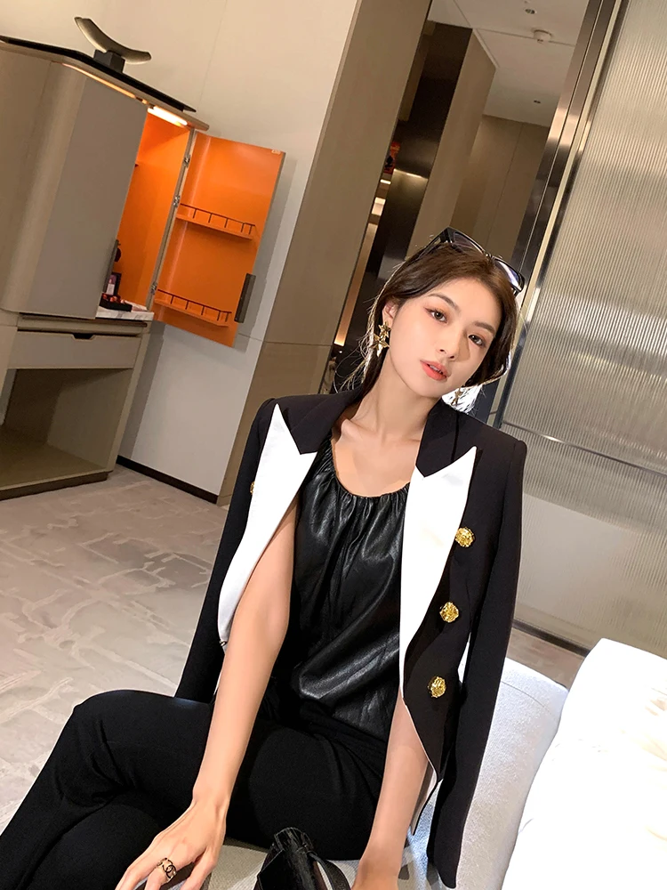 

Gaby Acetate Blend Long Sve Suit Jaet with Rose Gold Buttons for Women Commute Faionable Office Wear Straight Cut