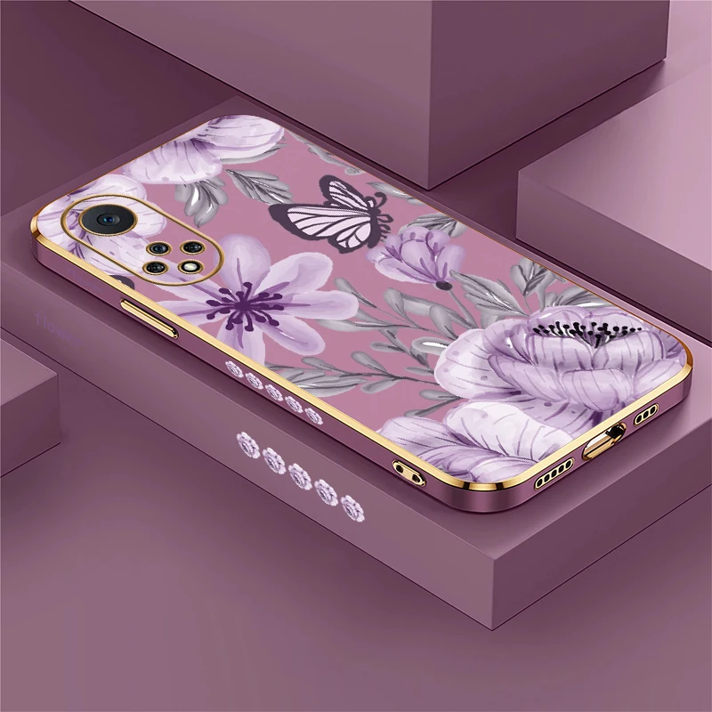 Custodia per telefono in silicone con protezione dell'obiettivo per Huawei Nova Y70 Plus 9 7i 5T 5i 8i 7 6 SE 3i 4e placcatura antiurto con stampa floreale