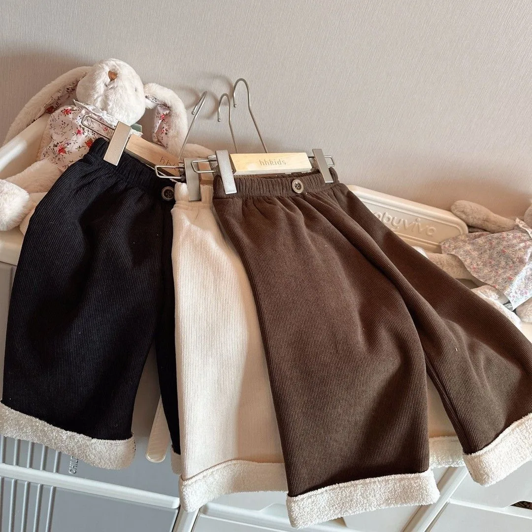 

Girls' Winter Casual Pants Baby Foreign Style Children's Thickened Integrated Fluff-edged Corduroy Wide-leg Pants