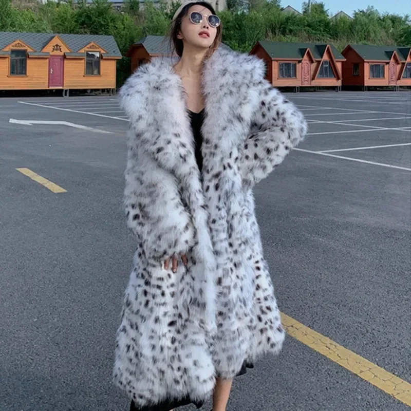 

Women's Winter Imitation Fox Fur Young Leopard-print Fur Coat Long Knee-length Mink Coat