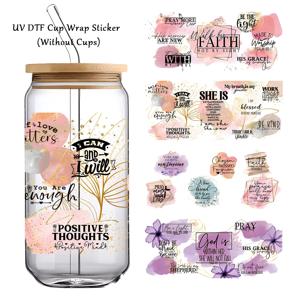 4Pcs/Pack Flower Theme UV DTF Transfer Stickers for Glass Cup Mug Bottle, Bible Verse DIY Waterproof Sticker DTF Cup Wrap Decals