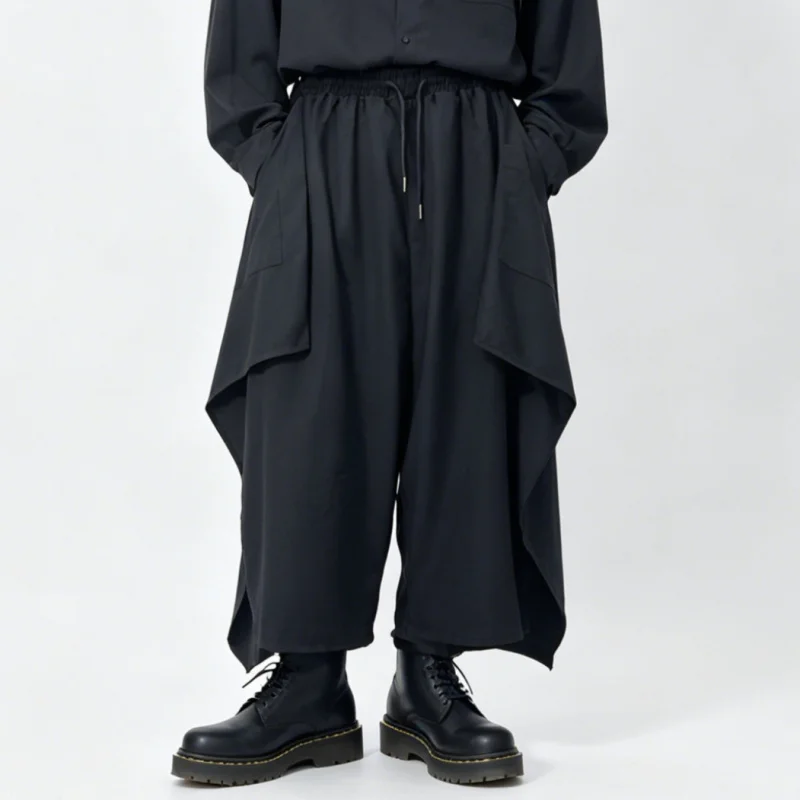 Men'S Casual Pants, Japanese Style, Dark-Toned, Irregular Wide-Leg Skirt-Pants, Loose High-Waisted Cropped Pants 7526