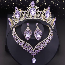 Purple Crown Bride Jewelry Sets Luxury Princess Wedding Tiaras Choker Necklace Set Bridal Earring Costume Jewelry Dubai Sets