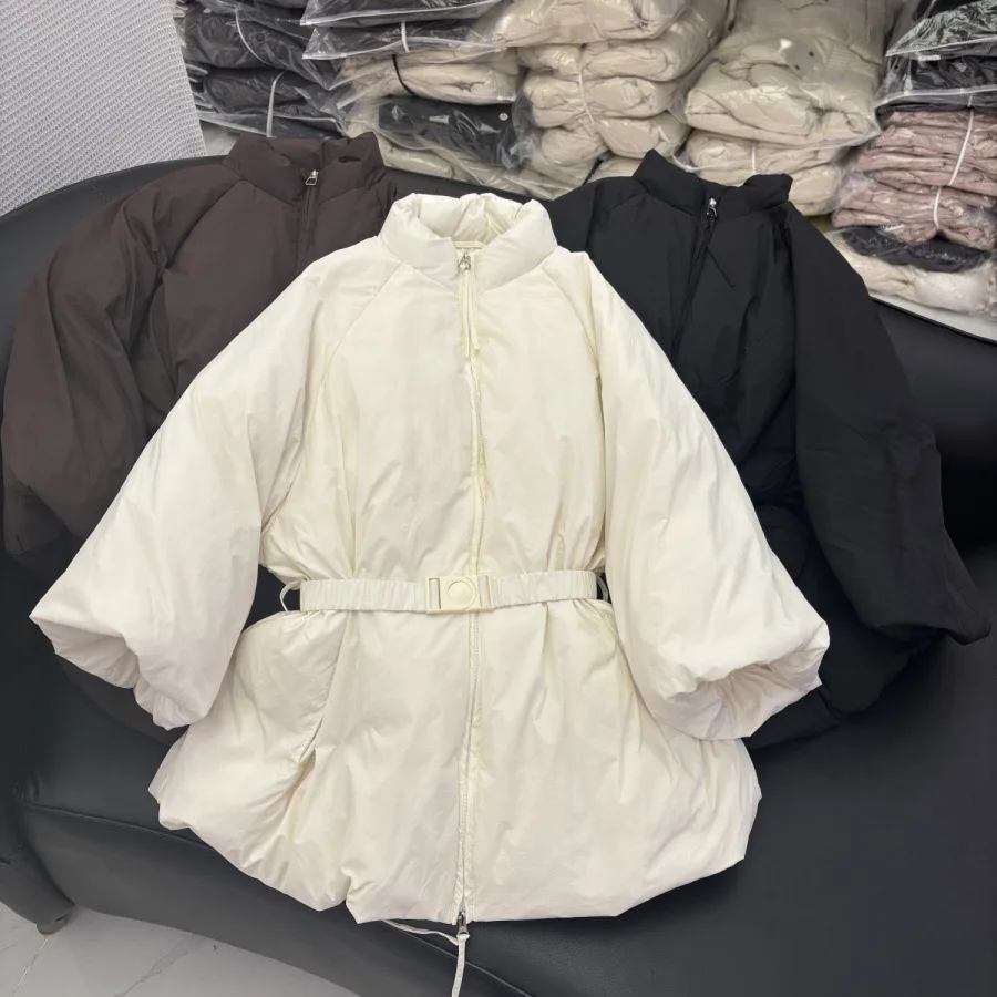 2026 Herbst und Winter Laterne Ärmel Daunenjacke Damenmode Vielseitige Gürtel Daunenmäntel Stehkragen Schnee Parka Jacke