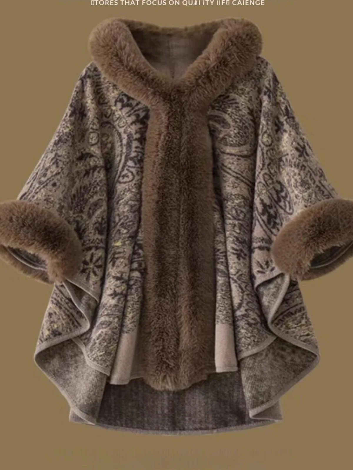 Fashionable Woolen Coat with Large Fur Collar Hooded Shoulder Wrap Outerwear Medium Length Commute Style Thickened Long Sleeve